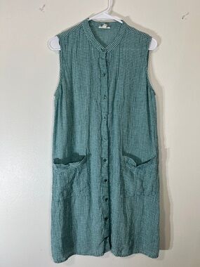 Eileen Fisher Teal Gingham Sleeveless Button-Front Dress